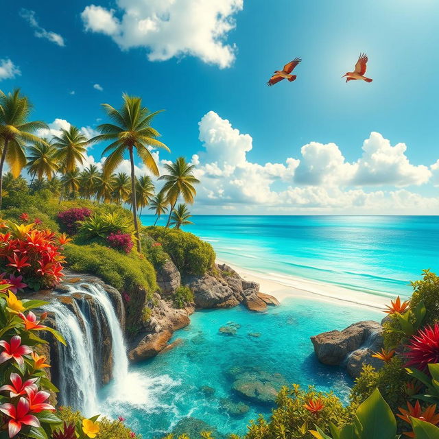 A dreamlike depiction of paradise, featuring lush tropical landscapes with vibrant flowers and towering palm trees, a crystal clear turquoise ocean gently lapping at the shore, and fluffy white clouds scattered across a bright blue sky