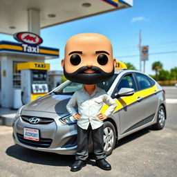 A Funkopop-style figure of a 40-year-old man, bald with a black beard, standing next to a parked taxi, specifically a Hyundai Accent 2010, at a gas station