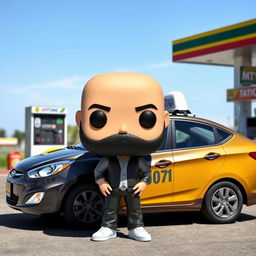 A Funkopop-style figure of a 40-year-old man, bald with a black beard, standing next to a parked taxi, specifically a Hyundai Accent 2010, at a gas station