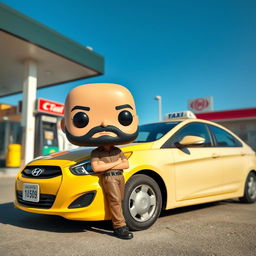 A Funkopop-style figure of a 40-year-old man, bald with a black beard, standing next to a parked taxi, specifically a Hyundai Accent 2010, at a gas station