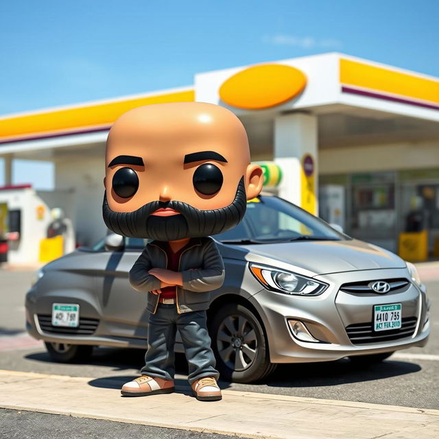 A Funkopop-style figure of a 40-year-old man, bald with a black beard, standing next to a parked taxi, specifically a Hyundai Accent 2010, at a gas station