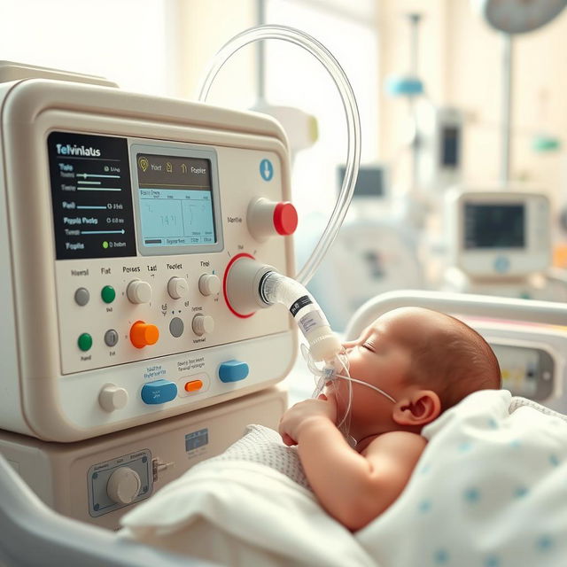 A detailed depiction of a ventilator machine designed specifically for infants, gently providing respiratory support to a newborn