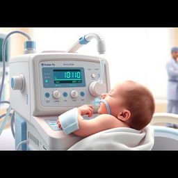 A detailed depiction of a ventilator machine designed specifically for infants, gently providing respiratory support to a newborn