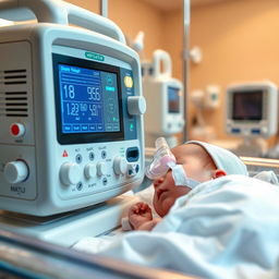 A detailed depiction of a ventilator machine designed specifically for infants, gently providing respiratory support to a newborn