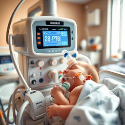 A detailed depiction of a ventilator machine designed specifically for infants, gently providing respiratory support to a newborn