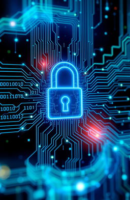 A visually striking image representing cybersecurity, featuring a digital lock symbol in the center with lines of binary code flowing in the background