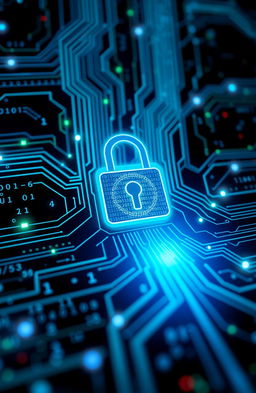 A visually striking image representing cybersecurity, featuring a digital lock symbol in the center with lines of binary code flowing in the background