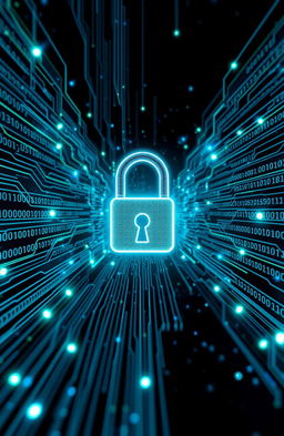 A visually striking image representing cybersecurity, featuring a digital lock symbol in the center with lines of binary code flowing in the background