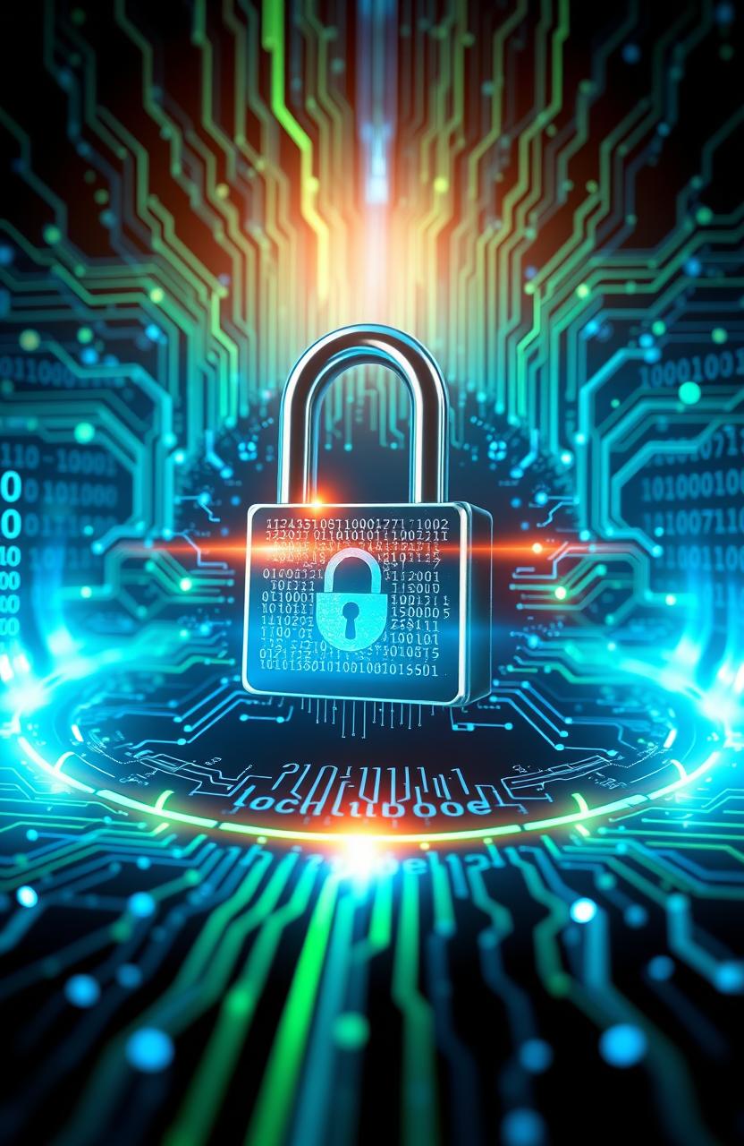 A visually striking image representing cybersecurity, featuring a digital lock symbol in the center with lines of binary code flowing in the background