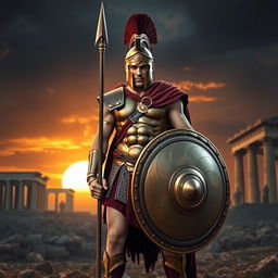 A fierce Spartan warrior standing tall in his bronze armor, holding a round shield and spear, set against a dramatic sunset backdrop on a battlefield