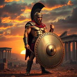 A fierce Spartan warrior standing tall in his bronze armor, holding a round shield and spear, set against a dramatic sunset backdrop on a battlefield