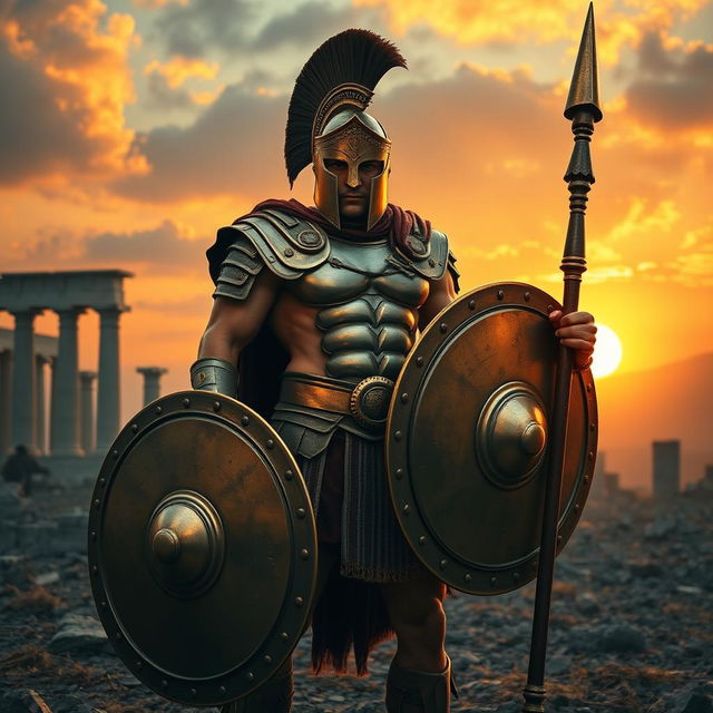 A fierce Spartan warrior standing tall in his bronze armor, holding a round shield and spear, set against a dramatic sunset backdrop on a battlefield