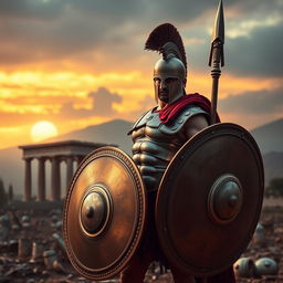 A fierce Spartan warrior standing tall in his bronze armor, holding a round shield and spear, set against a dramatic sunset backdrop on a battlefield