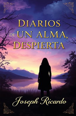 A captivating book cover for a novel titled 'DIARIOS DE UN ALMA DESPIERTA' by Joseph Ricardo, inspired by the artistic style of Lord Huron