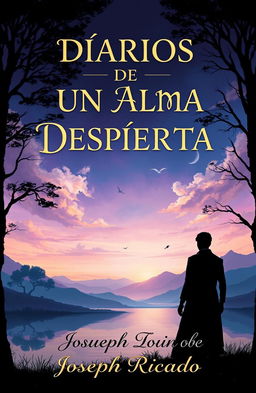 A captivating book cover for a novel titled 'DIARIOS DE UN ALMA DESPIERTA' by Joseph Ricardo, inspired by the artistic style of Lord Huron