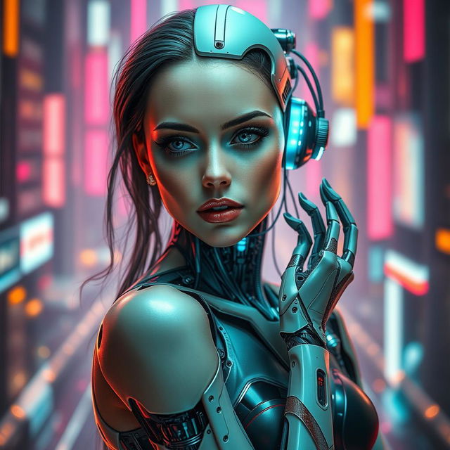 A stunningly beautiful half-robotic woman, gracefully poised in a futuristic setting