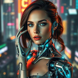 A stunningly beautiful half-robotic woman, gracefully poised in a futuristic setting