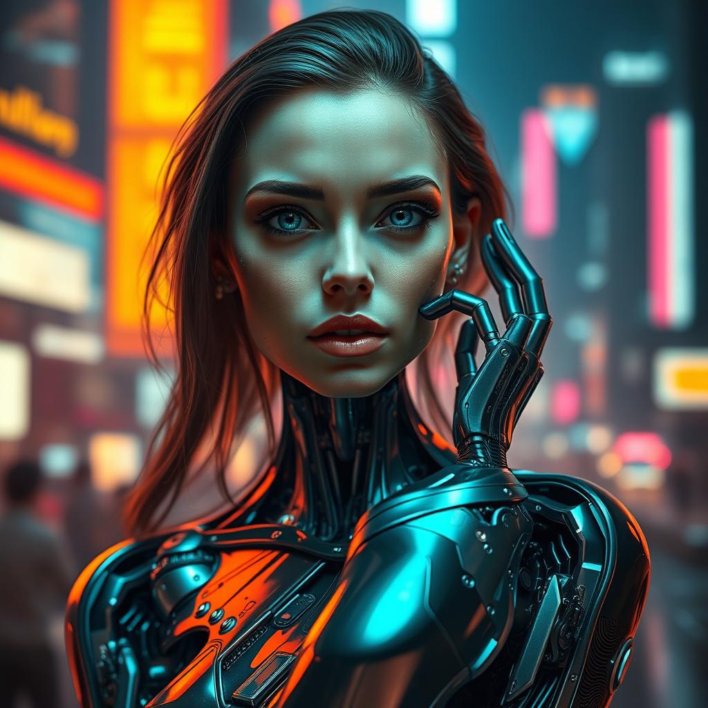 A stunningly beautiful half-robotic woman, gracefully poised in a futuristic setting