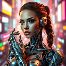 A stunningly beautiful half-robotic woman, gracefully poised in a futuristic setting