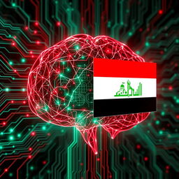 An artistic representation embodying artificial intelligence, featuring intricate neural network patterns and circuits, integrated with the Iraqi Republican emblem prominently displayed
