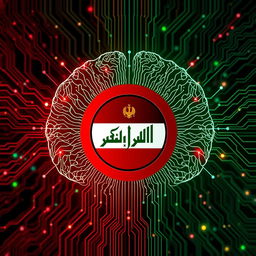 An artistic representation embodying artificial intelligence, featuring intricate neural network patterns and circuits, integrated with the Iraqi Republican emblem prominently displayed