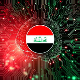 An artistic representation embodying artificial intelligence, featuring intricate neural network patterns and circuits, integrated with the Iraqi Republican emblem prominently displayed