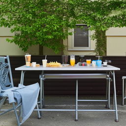 An outdoor scene featuring a table laden with tea, coffee, and fast food items, surrounded by empty chairs hinting towards a casual chit-chat environment.