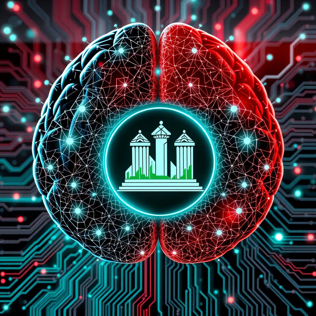 An artistic representation embodying artificial intelligence, featuring intricate neural network patterns and circuits, integrated with the Iraqi Republican emblem prominently displayed