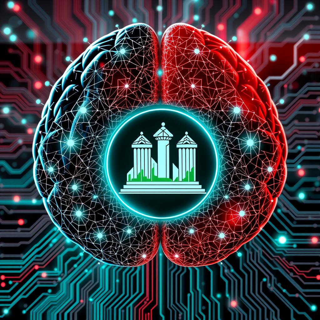 An artistic representation embodying artificial intelligence, featuring intricate neural network patterns and circuits, integrated with the Iraqi Republican emblem prominently displayed