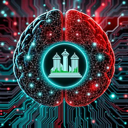 An artistic representation embodying artificial intelligence, featuring intricate neural network patterns and circuits, integrated with the Iraqi Republican emblem prominently displayed