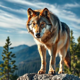 A raw photograph of a majestic wolf, standing proudly atop a rocky outcrop with a breathtaking wilderness landscape in the background