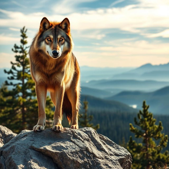 A raw photograph of a majestic wolf, standing proudly atop a rocky outcrop with a breathtaking wilderness landscape in the background