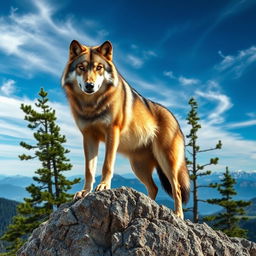 A raw photograph of a majestic wolf, standing proudly atop a rocky outcrop with a breathtaking wilderness landscape in the background
