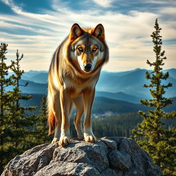 A raw photograph of a majestic wolf, standing proudly atop a rocky outcrop with a breathtaking wilderness landscape in the background