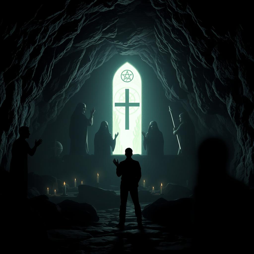 A dark cave setting featuring shadows of various religious statues and symbols, accented by a magical, glowing portal in the background
