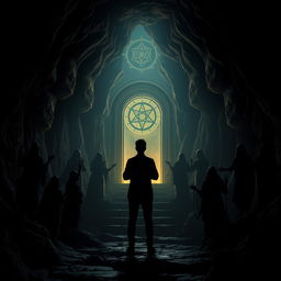 A dark cave setting featuring shadows of various religious statues and symbols, accented by a magical, glowing portal in the background