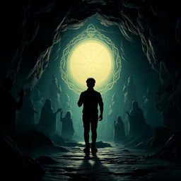 A dark cave setting featuring shadows of various religious statues and symbols, accented by a magical, glowing portal in the background