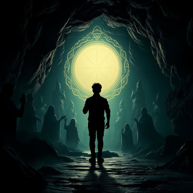 A dark cave setting featuring shadows of various religious statues and symbols, accented by a magical, glowing portal in the background