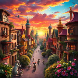 A whimsical and vibrant cityscape featuring Sphynx cats in a fantastical setting