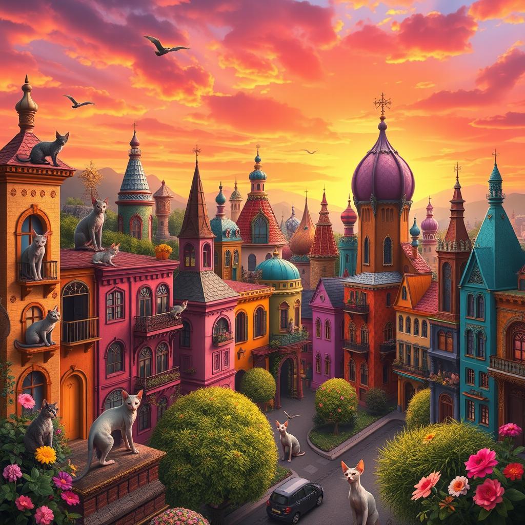 A whimsical and vibrant cityscape featuring Sphynx cats in a fantastical setting
