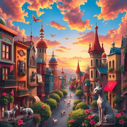 A whimsical and vibrant cityscape featuring Sphynx cats in a fantastical setting