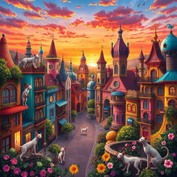 A whimsical and vibrant cityscape featuring Sphynx cats in a fantastical setting