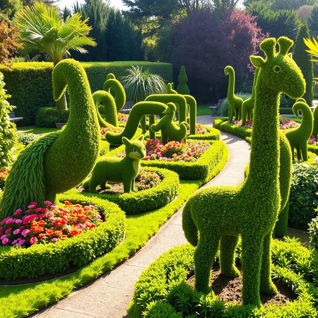 A beautifully manicured topiary garden featuring various intricately shaped topiary animals, including a majestic peacock, a playful fox, and an elegant giraffe