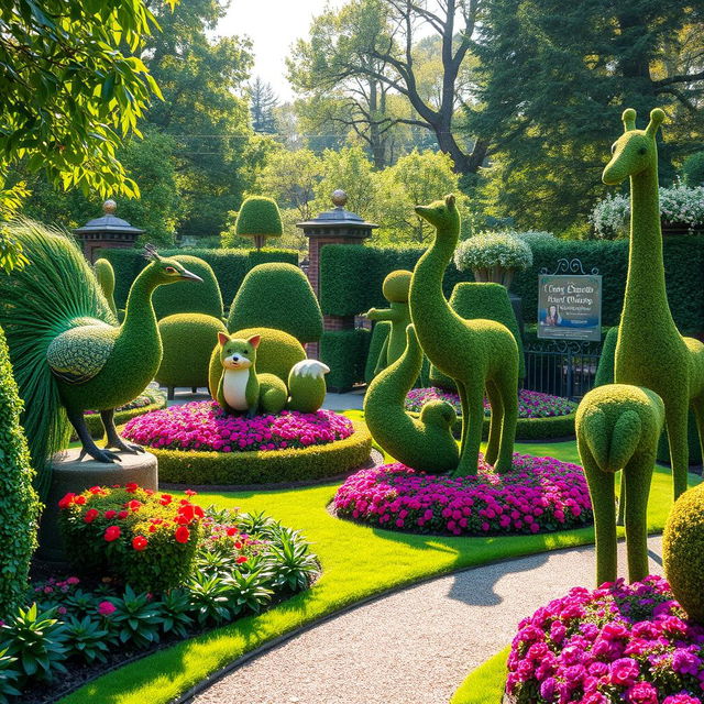 A beautifully manicured topiary garden featuring various intricately shaped topiary animals, including a majestic peacock, a playful fox, and an elegant giraffe