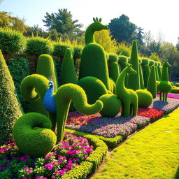 A beautifully manicured topiary garden featuring various intricately shaped topiary animals, including a majestic peacock, a playful fox, and an elegant giraffe