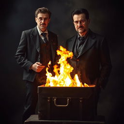 A mysterious oculist man dressed in a vintage, dark suit with round glasses, standing confidently next to a suitcase engulfed in bright flames