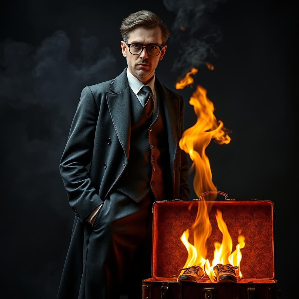 A mysterious oculist man dressed in a vintage, dark suit with round glasses, standing confidently next to a suitcase engulfed in bright flames