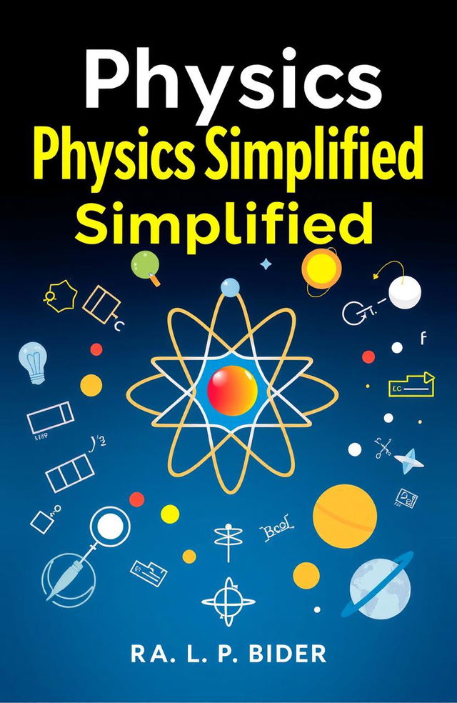 A visually appealing cover design for a physics textbook, featuring a large, stylized atom in the center surrounded by various physics symbols such as a light bulb, equations, and planets