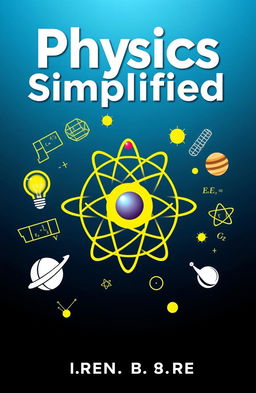 A visually appealing cover design for a physics textbook, featuring a large, stylized atom in the center surrounded by various physics symbols such as a light bulb, equations, and planets