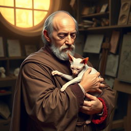 A historical scene depicting Leonardo da Vinci tenderly hugging a Sphynx cat